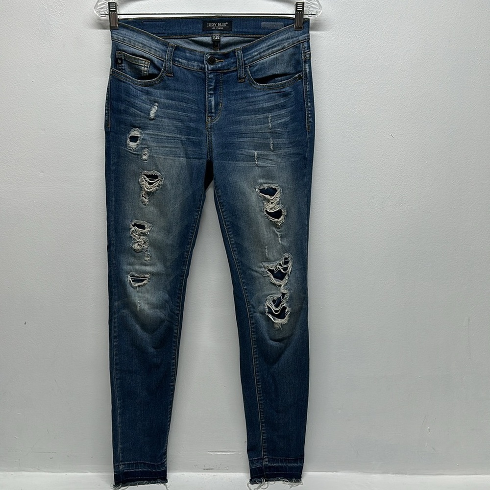 Judy Blue Janette Jeans Distressed Skinny Jean Raw Hem Stretch Blue Size 7 / 28